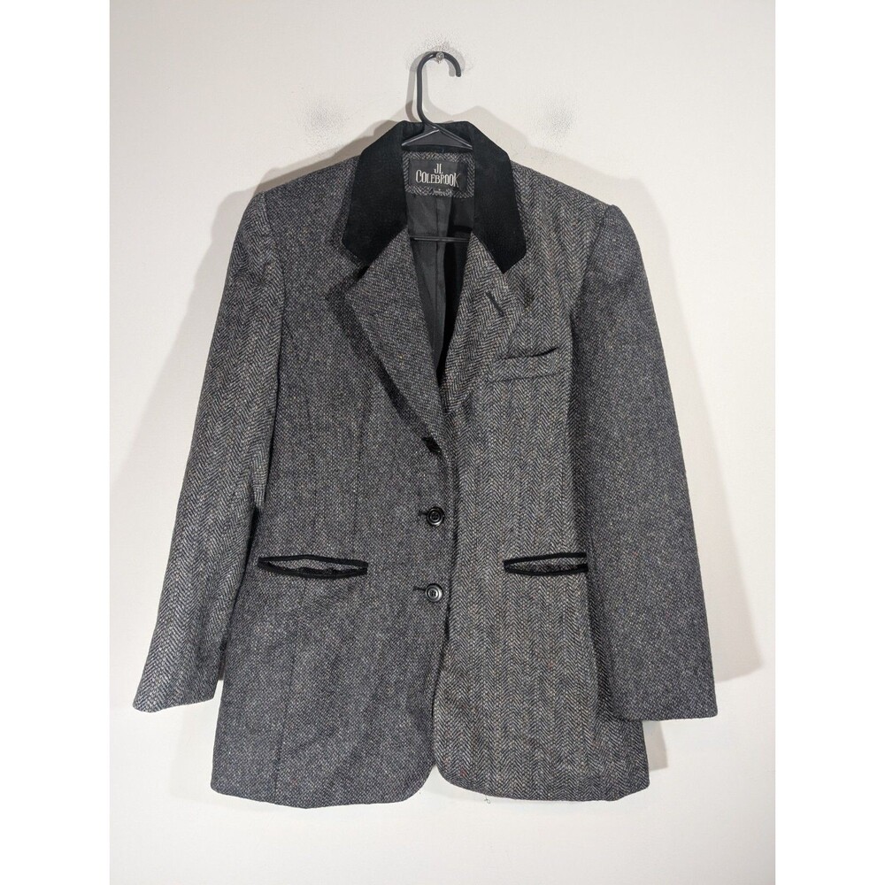 JL Colebrook Vintage 100% Wool Herrigbone Blazer Tweed Velvet Trim Sz S Preppy